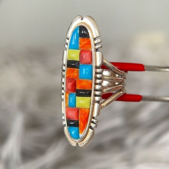 Sterling Multicolor Mosaic Stones Ring - Picture 4 of 10